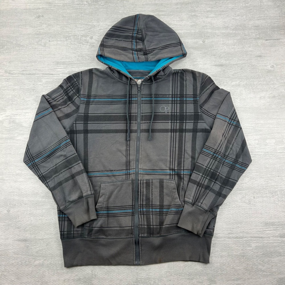 Vintage Y2K Ocean Pacific Plaid Sweatshirt Size Large Gray Full Zip Hoodie OP‎